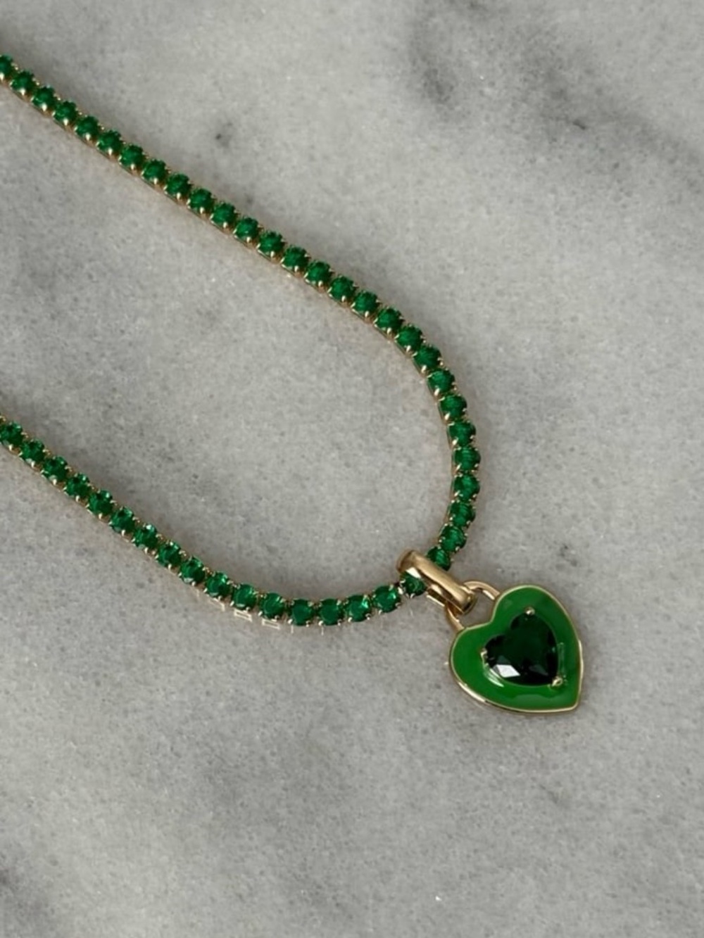 Gold Green Crystal Pave Tennis 90s Chain Necklace Heart Pendant 

Brand New